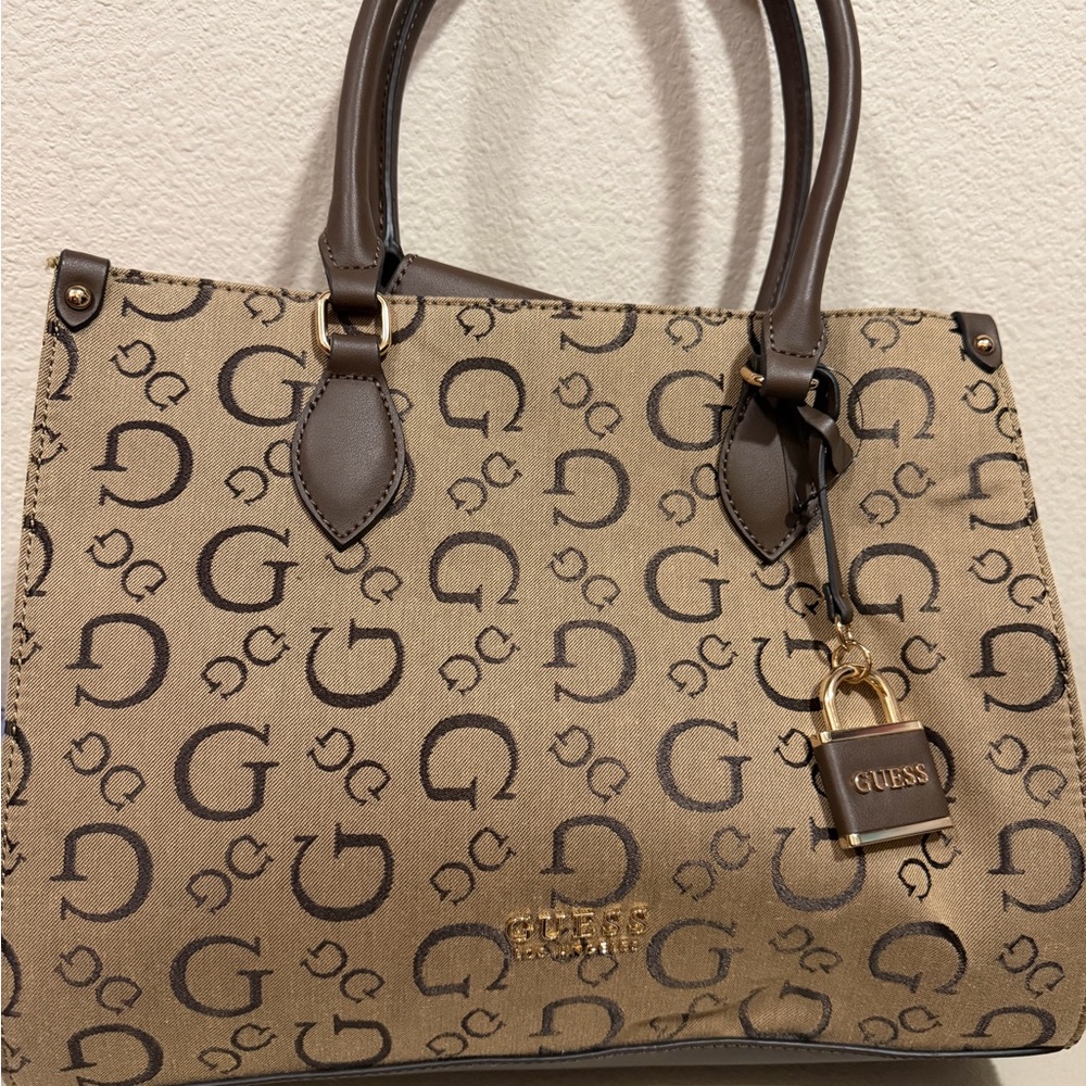 GUESS Tan & Brown Logo Satchel with Gold Padlock Charm
